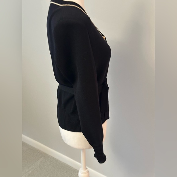 St. John Collection Black Cardigan with White Trim Gold Pearl Button - Picture 3 of 13